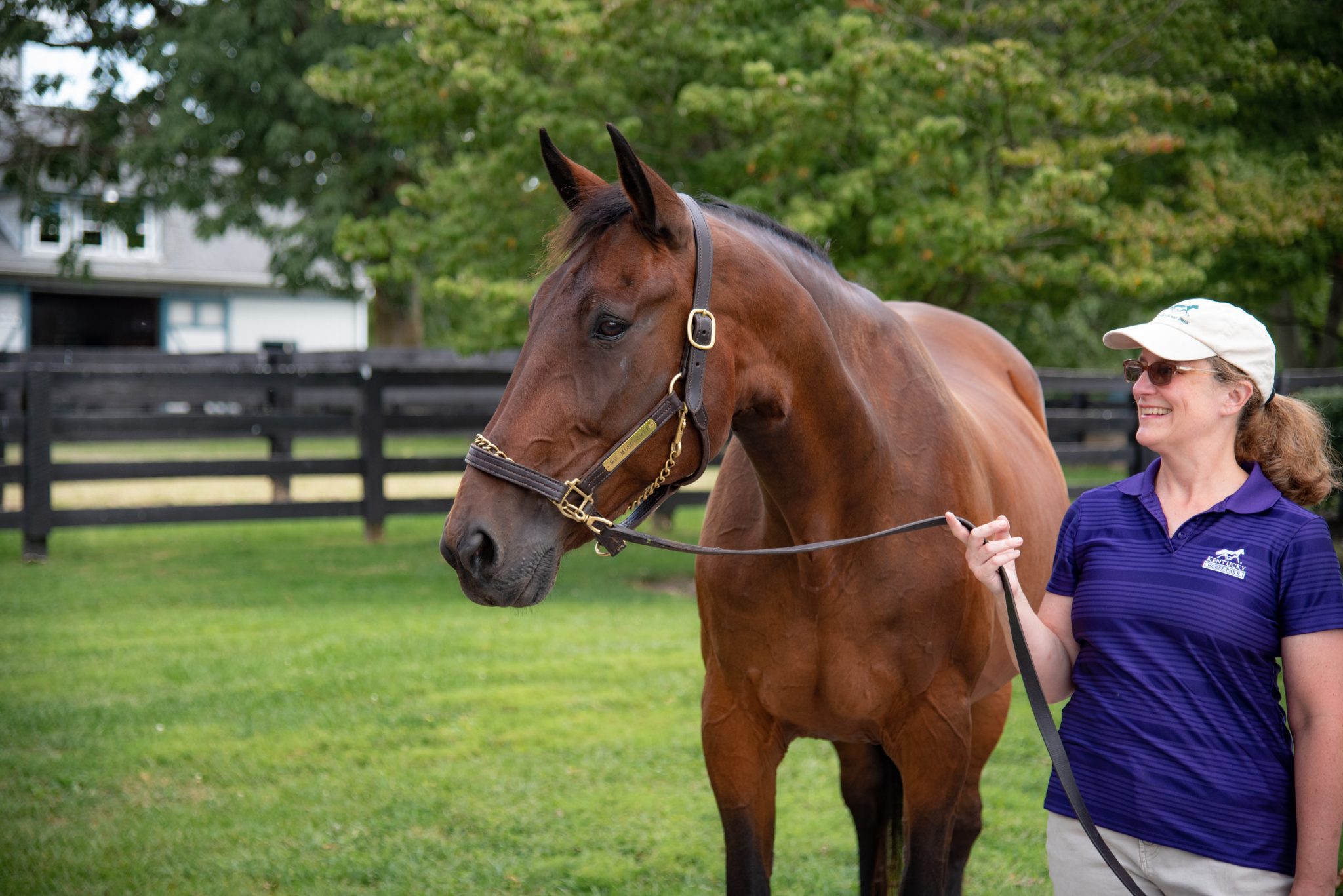 Mr. Muscleman standing in front of the Hall of Champions Barn with handler